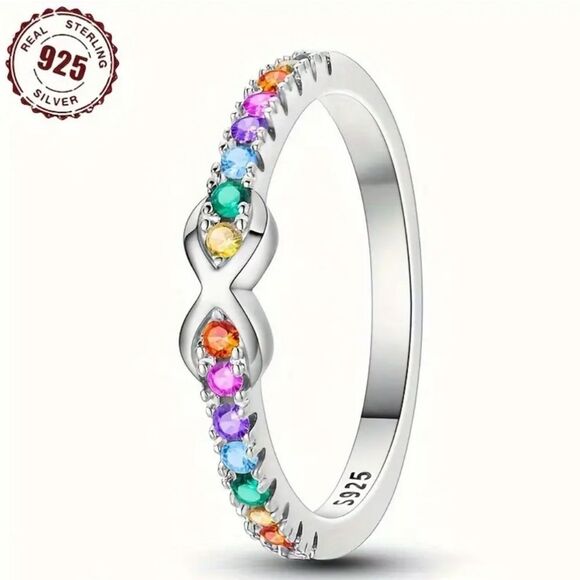 Silver S925 Infinity Multicolor Gemstone Ring Sz 8 - Picture 6 of 8